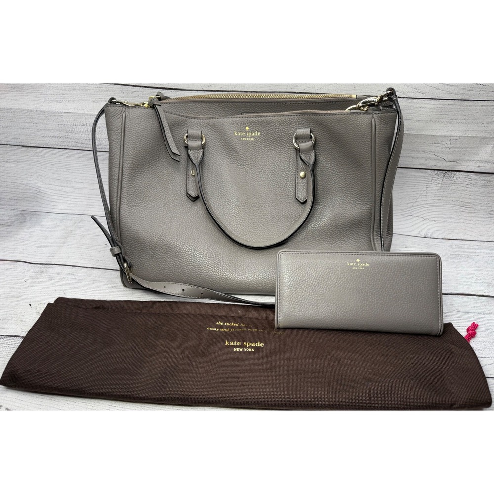 Kate Spade Pebble Leather Satchel Shoulder Bag & Wallet Set Gray Purse